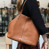 REBECCA MINKOFF Brown Studded Pebbled Leather Tote