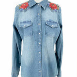 johnny was Women's Blue Size M Button Down Cross Stitch Long Floral Sleeve