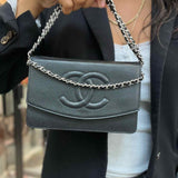 Chanel 05/06 Timeless Vintage Black Flap CC Caviar Leather Wallet on Chain