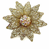 Statement Gold Tone Flower Crystal Brooch