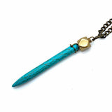 Handmade Bronze Tone Blue Pendant 28" Spike Necklace