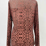 Women's Rust Red Size M Mock Neck Mesh Burnout Abstract Long Sleeve