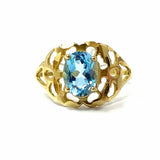 Estate Oval Blue Topaz Size 7.5 10K Gold Filigree Ring