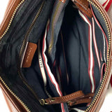 BALLY Brown Flap Leather Messenger Bag w/ Red White Canvas Side Stripe & Strap