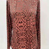 Women's Rust Red Size M Mock Neck Mesh Burnout Abstract Long Sleeve