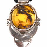 Statement Silver Black Pendant 21" Braided Amber Necklace