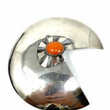Organic Shell Motif Sterling Silver Orange Coral Stone Circle Brooch