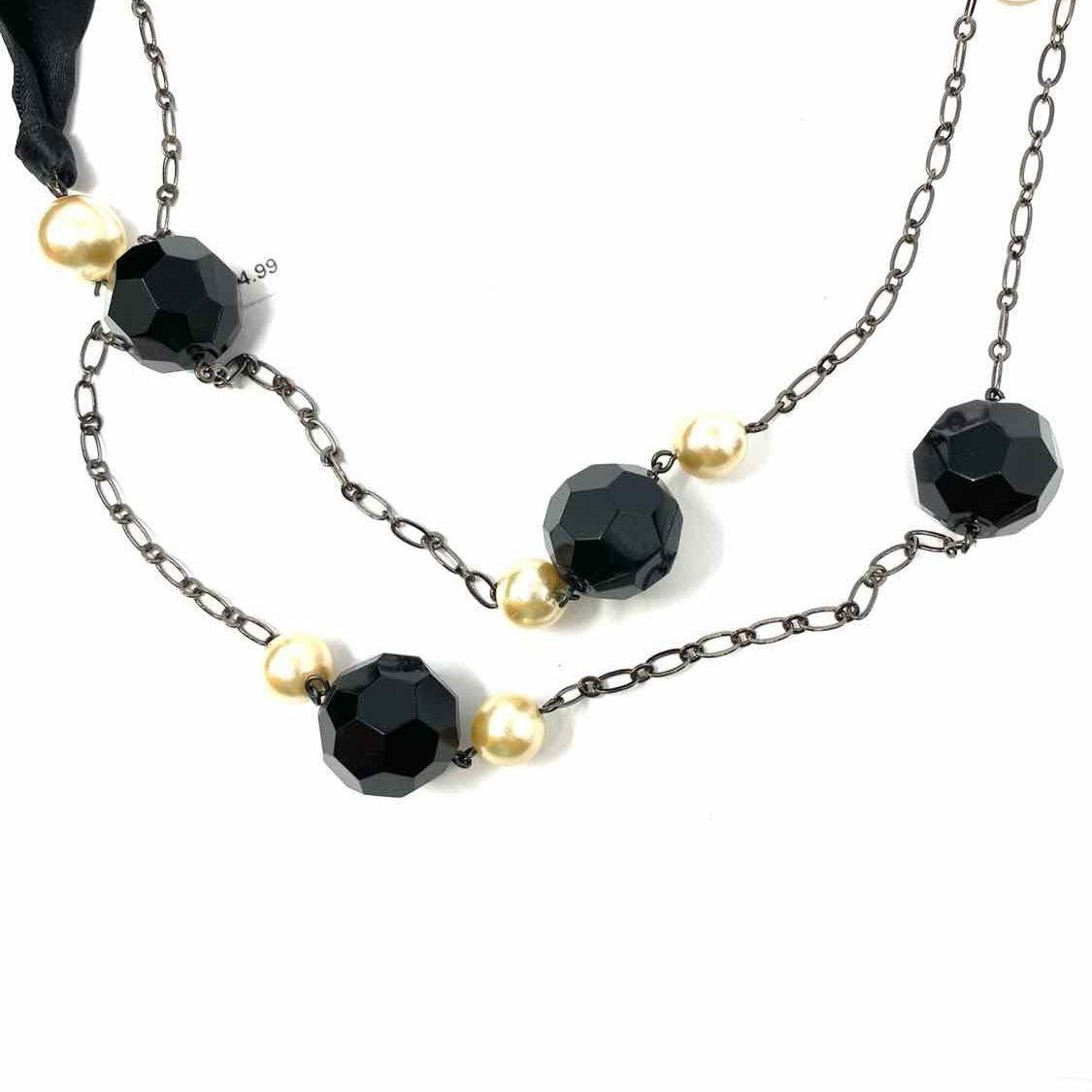 Black/Cream Beaded 27" Ribbon Necklace