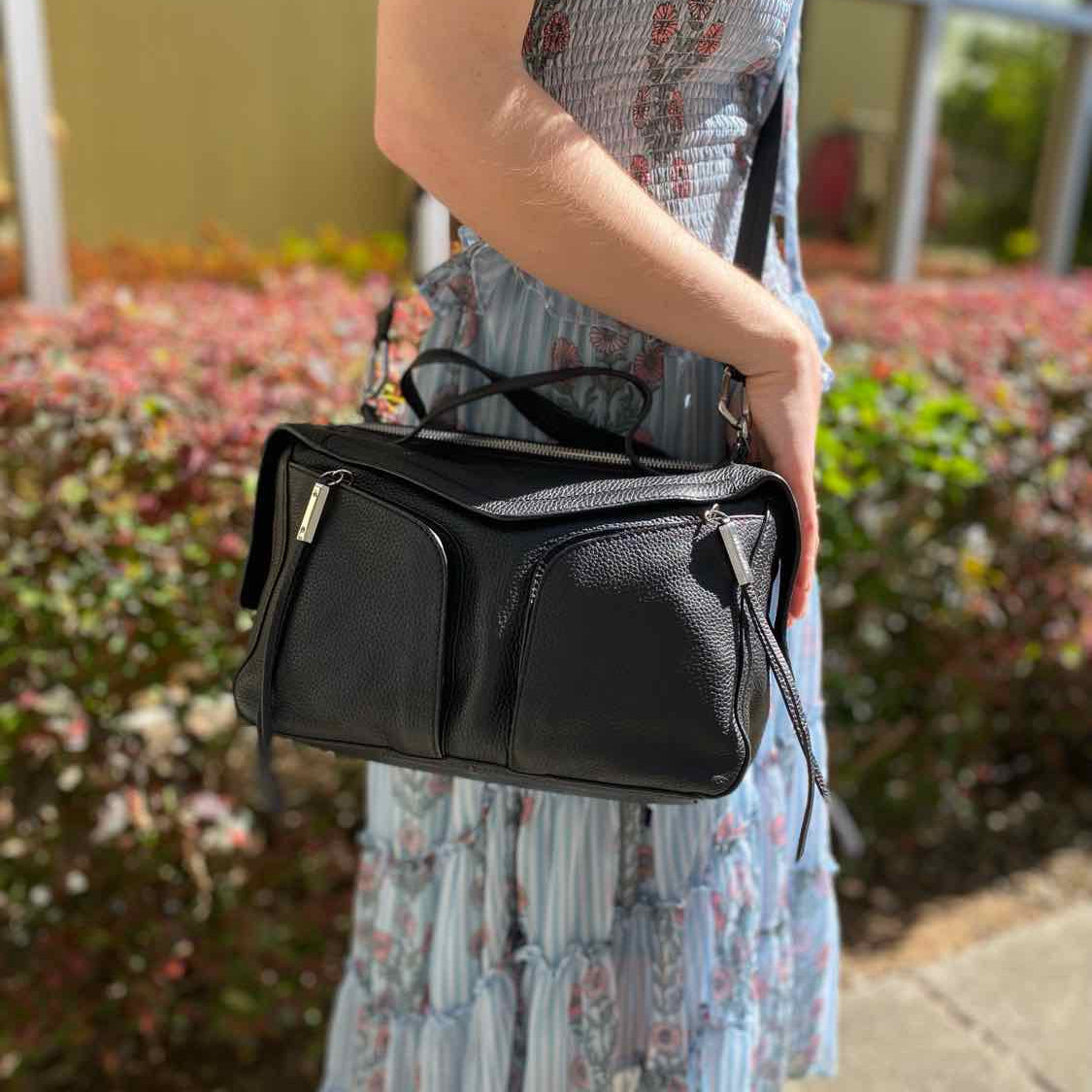VINCE CAMUTO Group Mika Black Top Handle Pebbled Leather Satchel