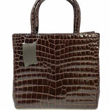 GIANNI VERSACE Brown Top Handle Croc Embossed Patent Leather Satchel