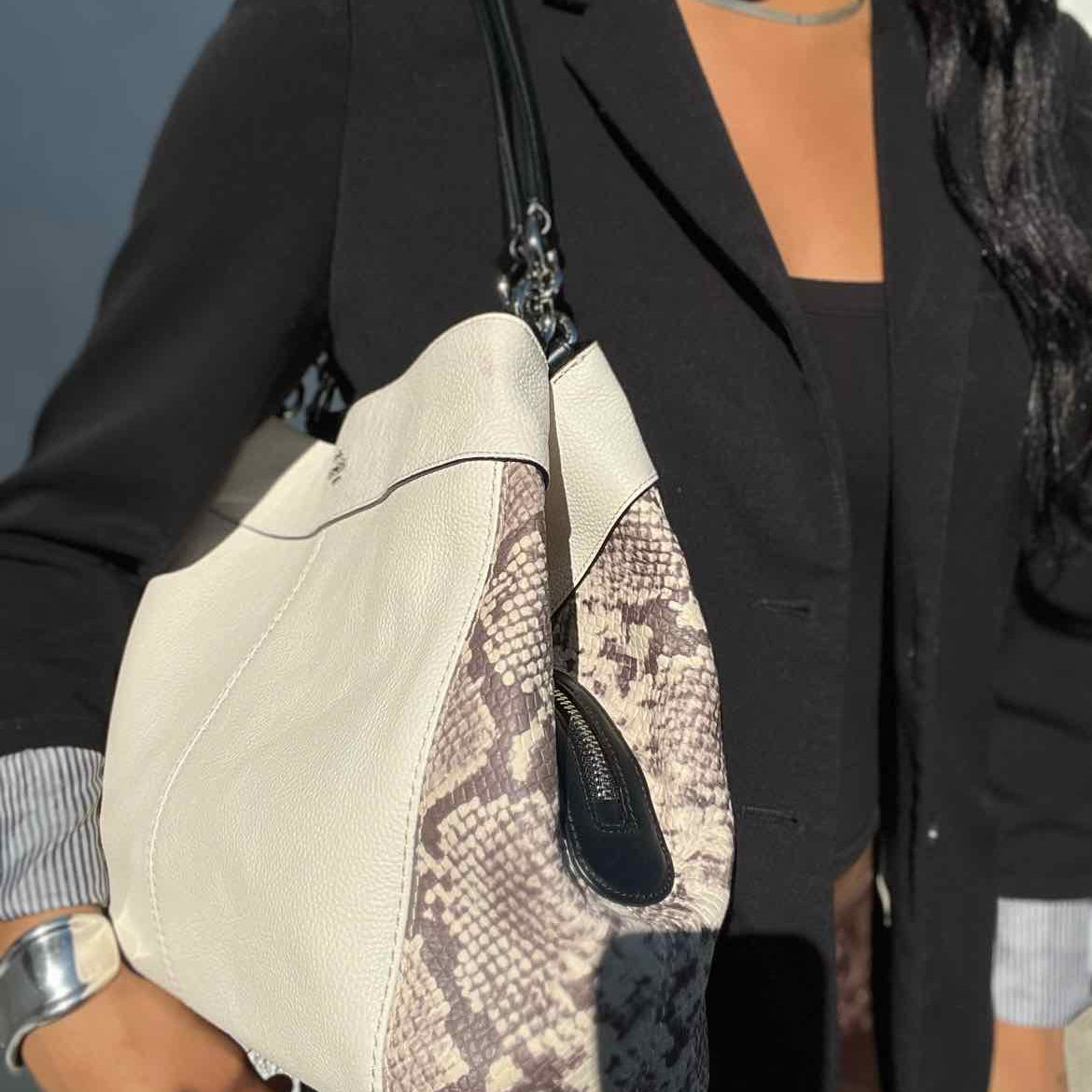 Coach White Gray Color Block Snake Pebbled Leather Tote