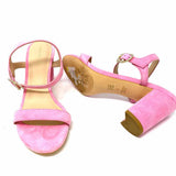 Stuart Weitzman Women's Pink Size 9 Crystal Buckle Block Heel Suede Sandals