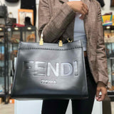 Fendi Sunshine Medium Black Shopper Logo Leather Tote