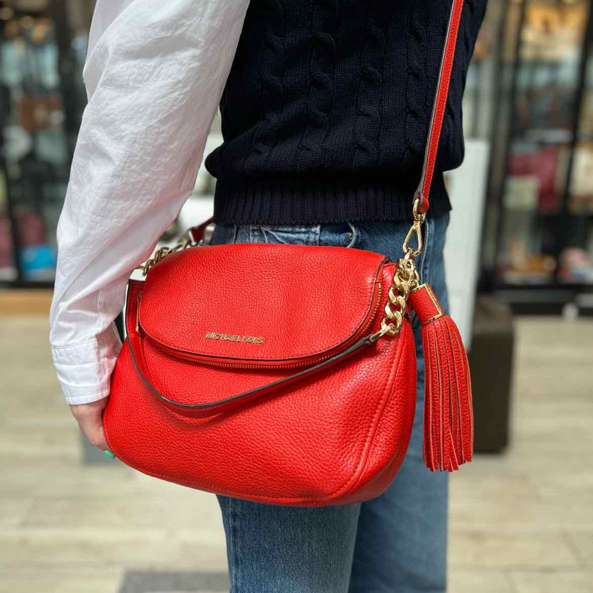 Michael Kors Bedford Red Orange Flap Tassel Pebbled Leather Crossbody