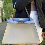Fendi 2026 Peekaboo Way Dove Beige Blue Top Handle Made in Italy Satchel