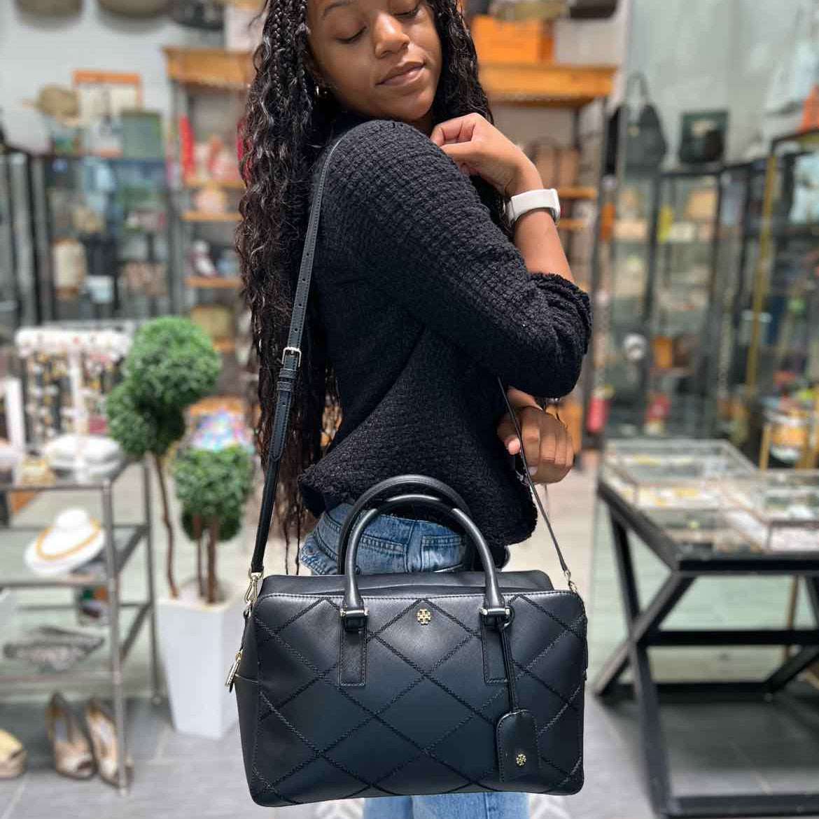 Tory Burch Black Rectangle Stitched Leather Satchel