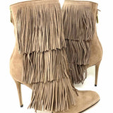 Paul Andrew Toas Women's Taupe Size 36.5/6.5 Mid calf Suede Fringe Bootie
