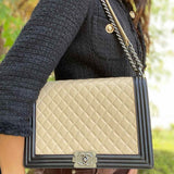 Chanel 2013/14 XL Boy Bag Black Beige Flap Quilted Leather Shoulder Bag