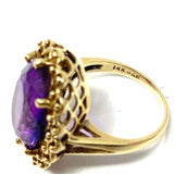 Estate size 5.5 14K Gold Purple Oval Filigree Synthetic Sapphire Cocktail Ring