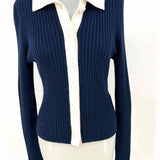 rag & bone Women's Navy White Size L Collared Ribbed Cardigan
