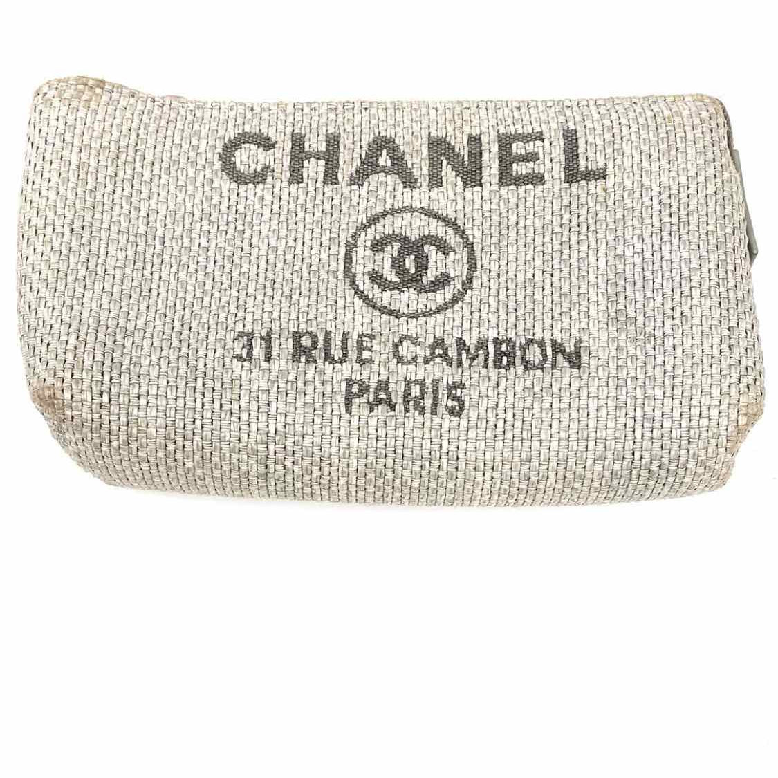 Chanel 2016/17 Deuville Cosmetic Raffia Woven Gray Logo Wallet