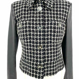 Chanel Women's Black Size 38/S Button Down Wool Leather Window Pane Jacket