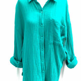 Eileen Fisher Women's Teal Size S Button Down Gauze Long Sleeve