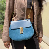 Chloe 2017 Drew Medium Cerulean Saddle Bag Suede Crossbody