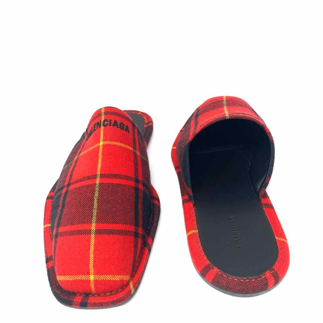 BALENCIAGA Logo Women's Red Size 39/9Tartan Plaid Slippers
