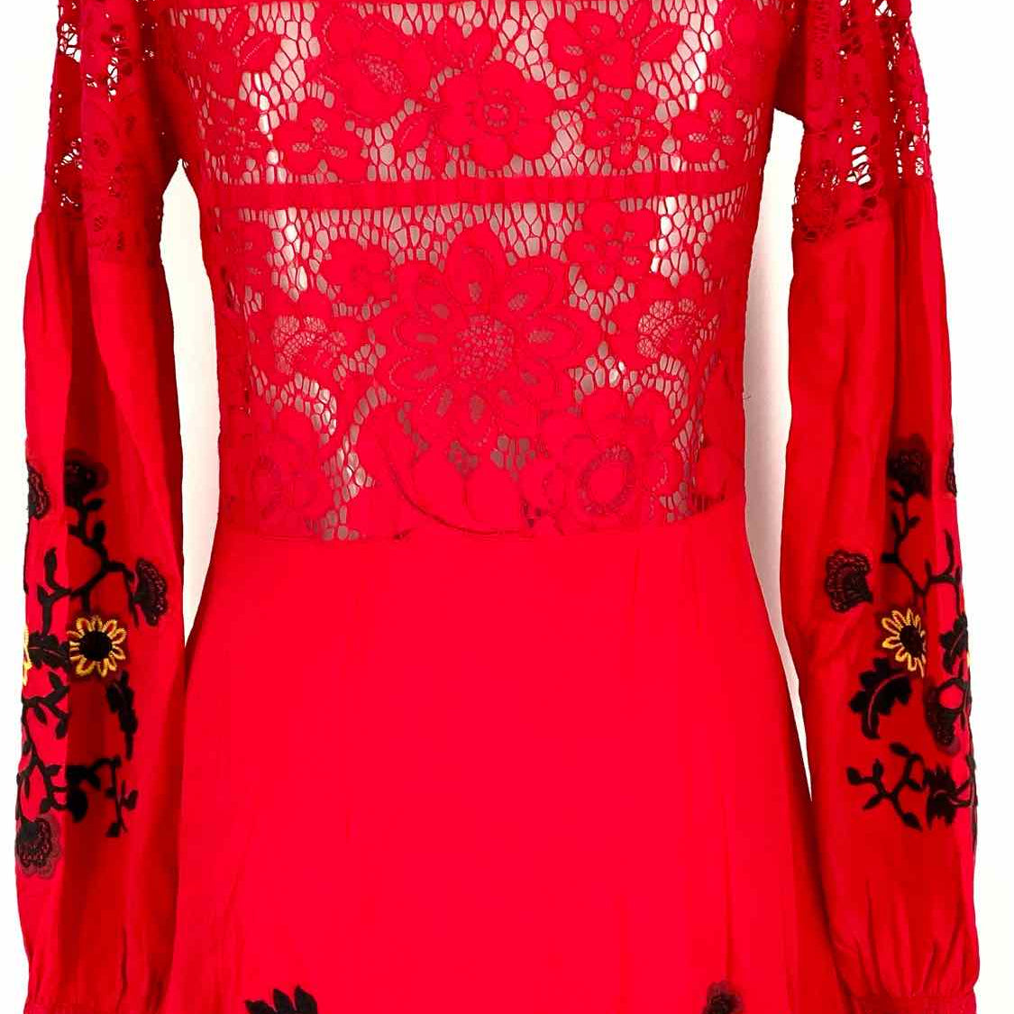 For Love & Lemons Women's Red Size M Long Sleeve Lace Floral Embroidered Dress