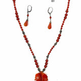 Estate 925 Sterling Silver Red Beaded 20" Leaf Earring & Necklace Jewelry Set