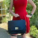 VINCE CAMUTO Black Top Handle Turnlock Leather Briefcase