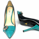 Prada Women's Black Teal Size 40.5/10 Stiletto Leather Button Color Block Pumps