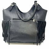 Vintage Addiction Black Beaded Fringe Pebbled Leather Tote