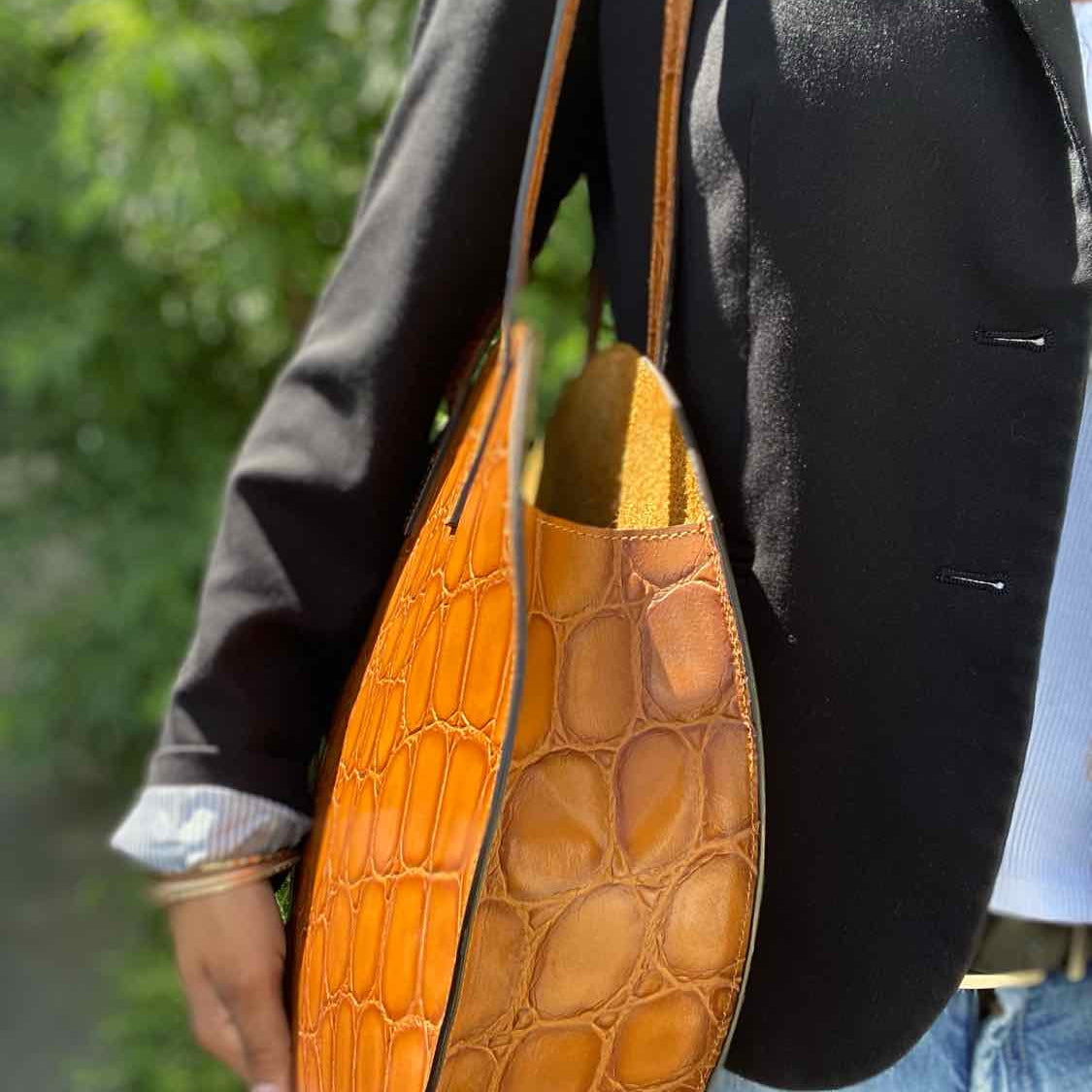 Claudia Firenze Caramel Round Croc Embossed Leather Tote