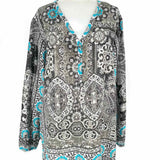 johnny was Women's Gray Size L 1/4 Button Silk Geometric Long Sleeve
