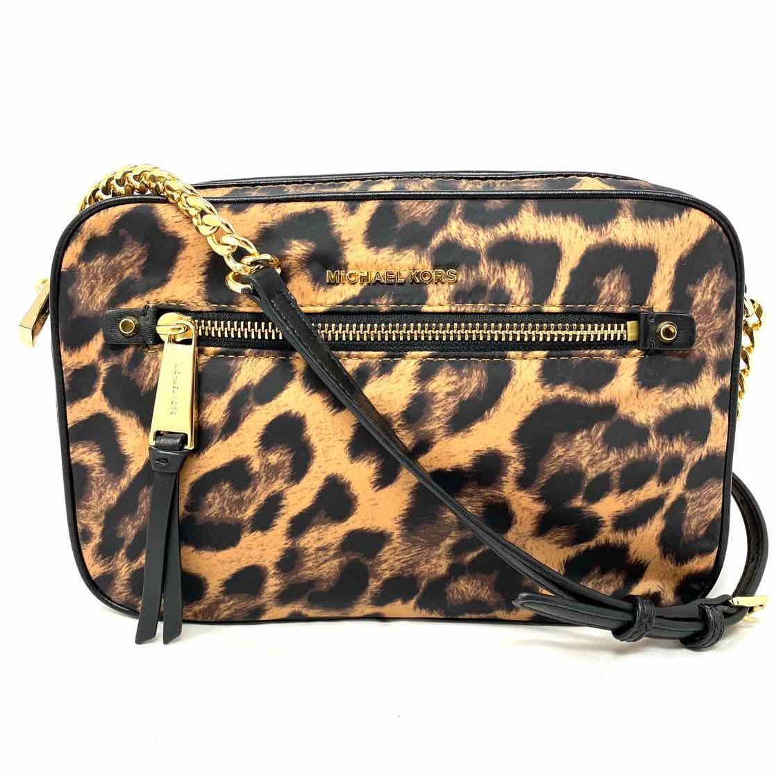 Michael Kors Jet Set Nylon Brown Black Zip Leopard Print Crossbody