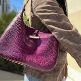 Longchamp La Roseau Purple Croc Embossed Leather Shoulder Bag