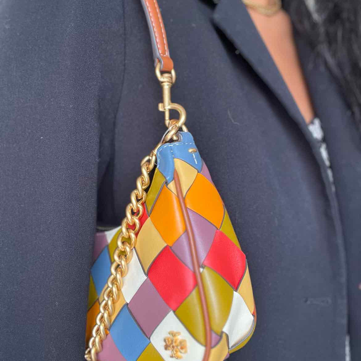 Tory Burch Multi-Color Crescent Woven Leather Shoulder Bag