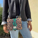DOLCE & GABBANA Brown Green Stripe Messenger Leopard Print Crossbody