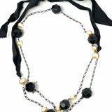 Black/Cream Beaded 27" Ribbon Necklace