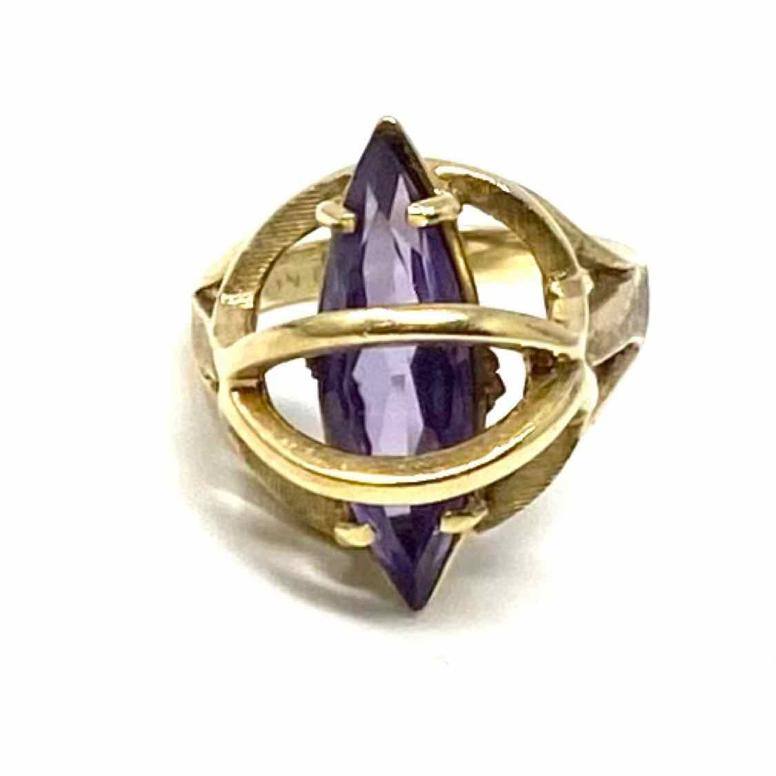Estate Modernist size 6 10K Yellow Gold Marquise Cut Orbital Amethyst Ring
