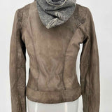DOMA Women's Warm Gray Size S Hooded Leather Moto Jacket