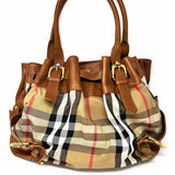 Burberry Canvas Beige Brown Pleated Nova Check Pebbled Leather Tote