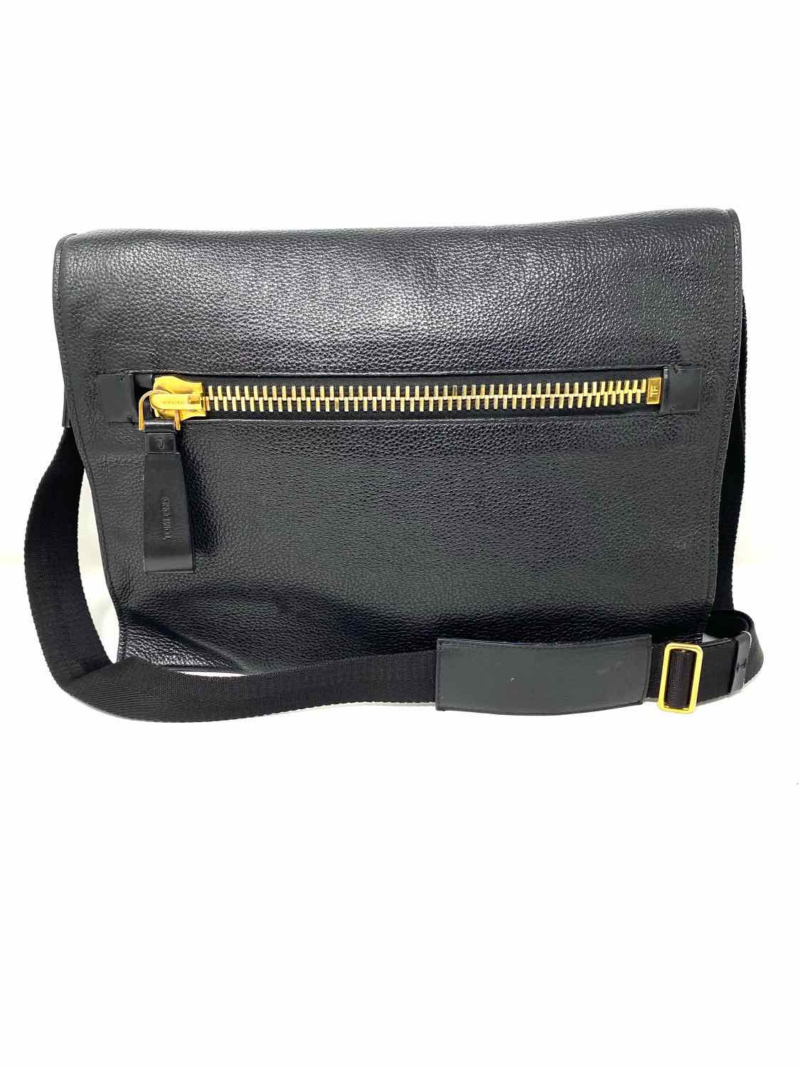 TOM FORD Buckley Black Flap Pebbled Leather Messenger Bag