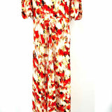 DKNY Women's Red White Size L Puff Sleeve Abstract Dress