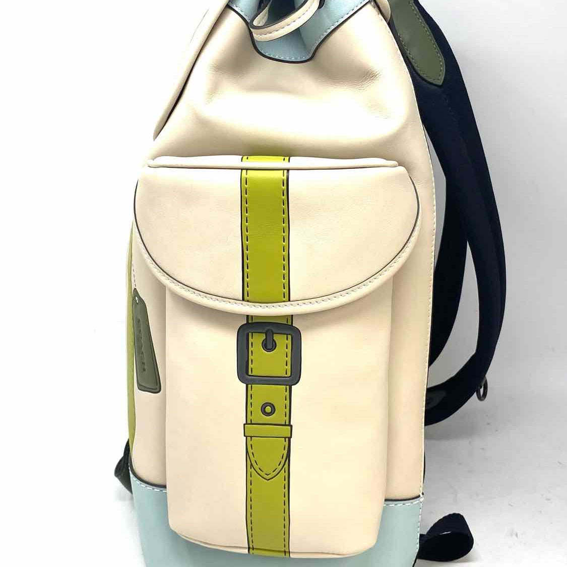 Coach Hitch with Trompe L'oeil Beige Green Buckle Leather BackPack