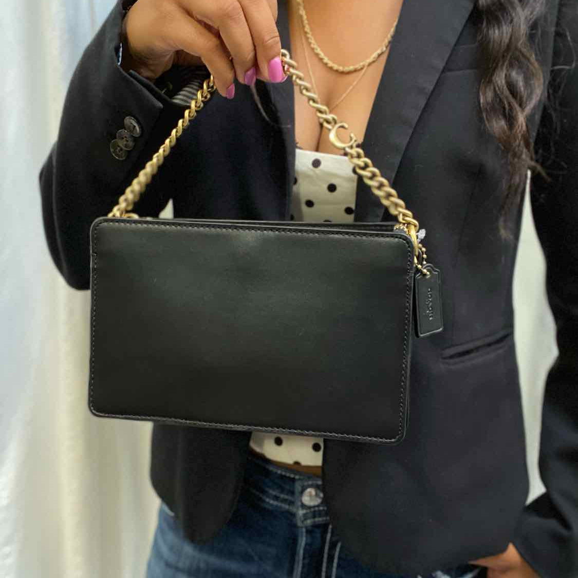 Coach Signature Chain Black Zip Leather Crossbody