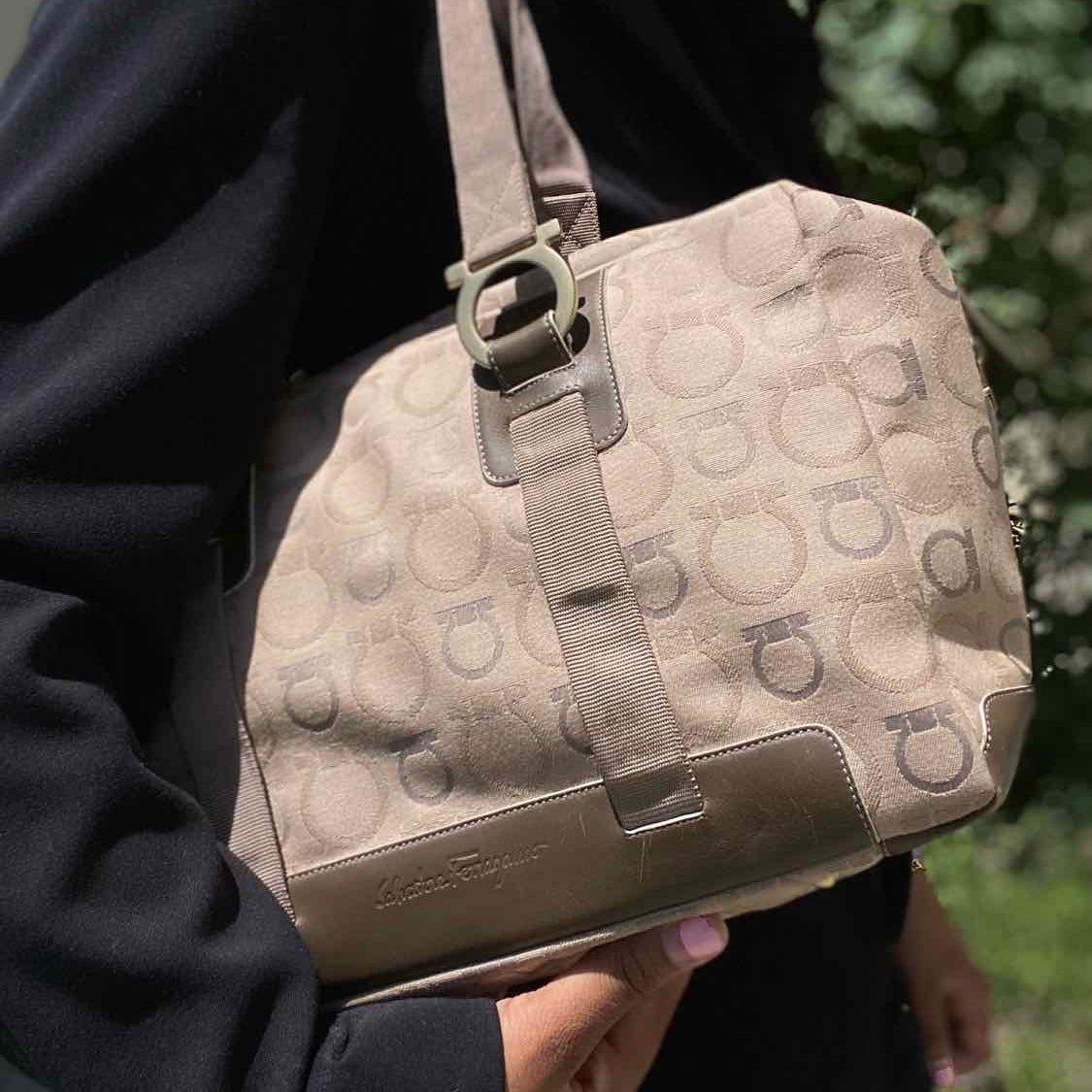 Salvatore Ferragamo Canvas Beige Boston Gancini Shoulder Bag