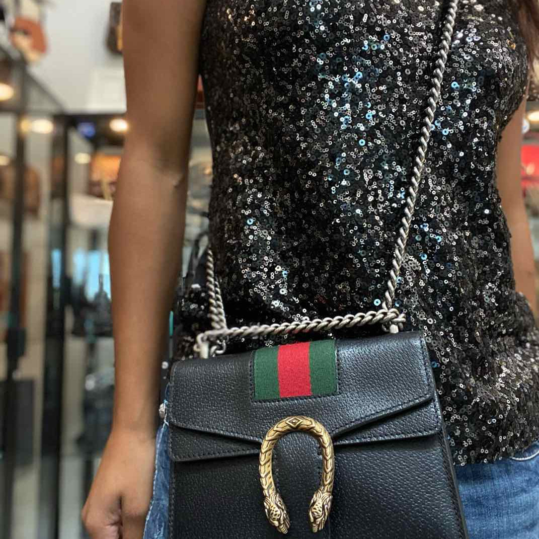 Gucci Dionysus Mini Flap Black Pewter Gold Tone Hardware Made in Italy Crossbody